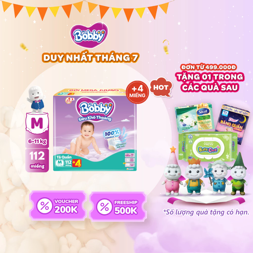 Tã quần Bobby Siêu Khô Thoáng - 100% Thoáng Khí Mega Jumbo
